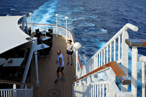 View down to 'Great Outdoors' cafe on aft Deck 12